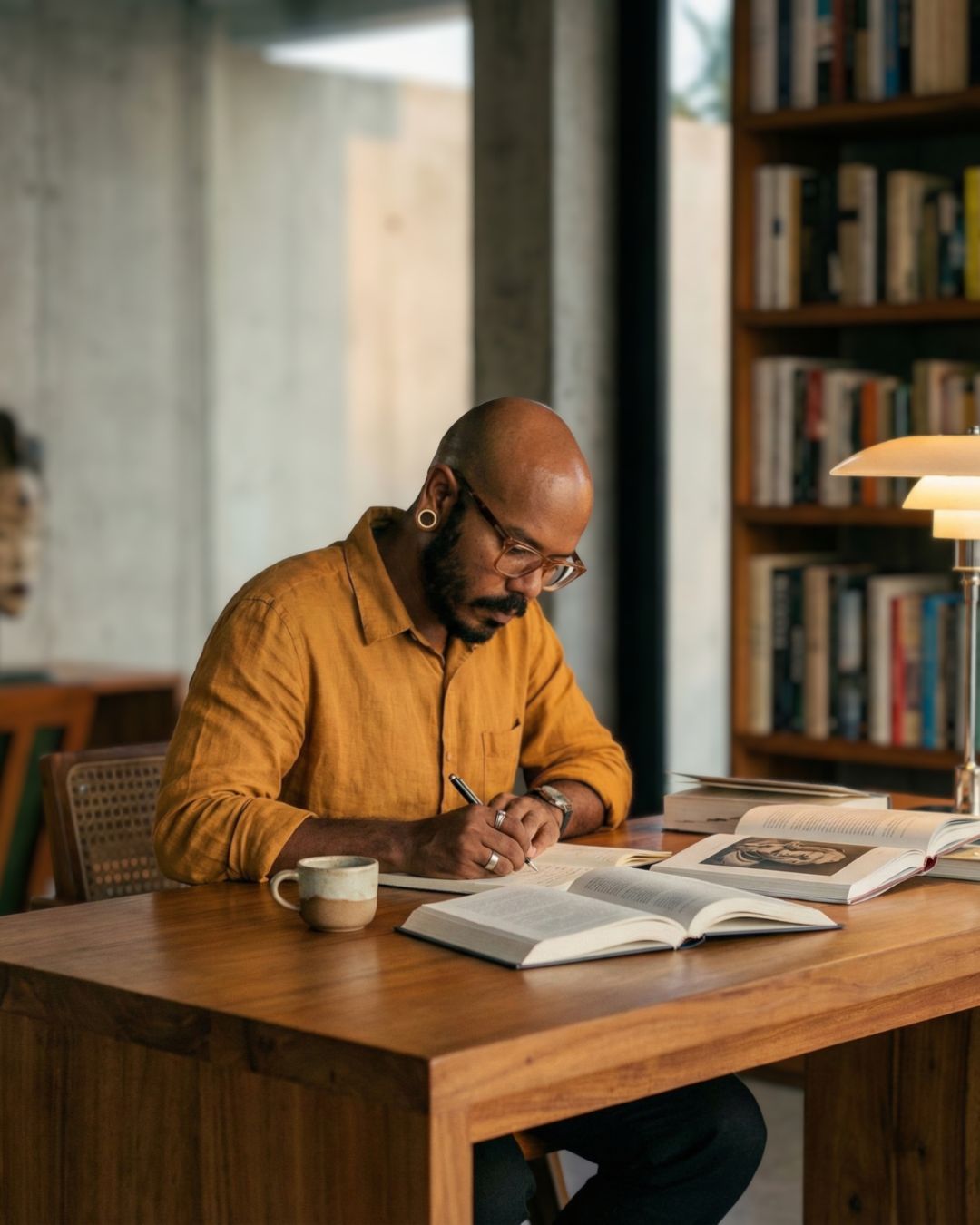 Gérson Neto escrevendo à mesa, cercado de livros abertos