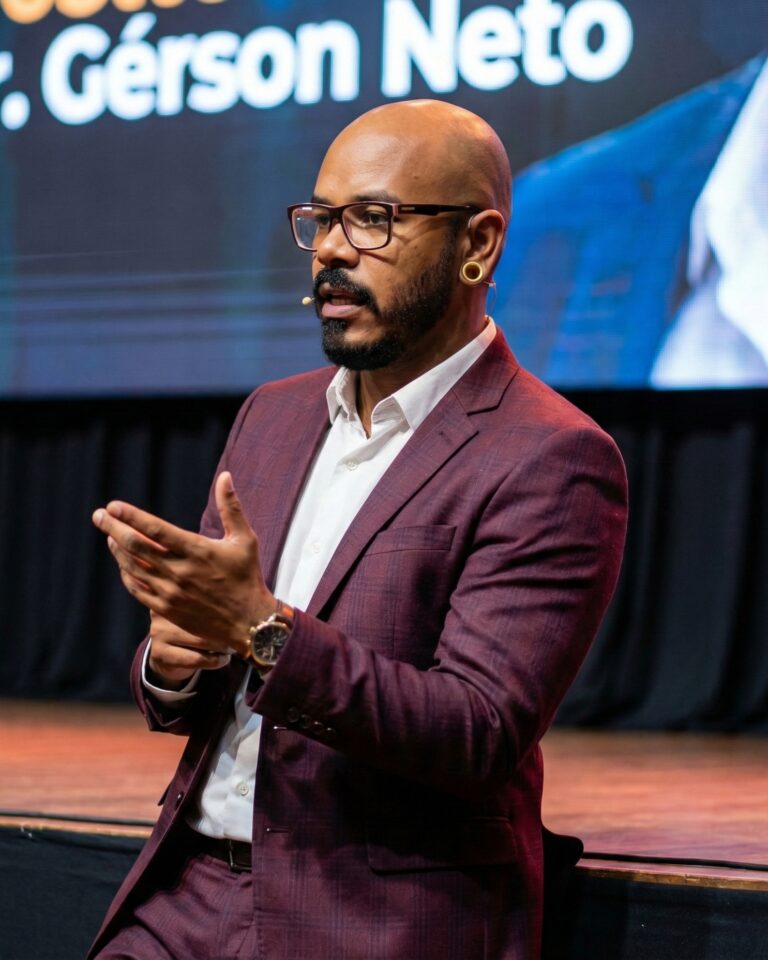 Gérson Neto em apresentação para plateia acadêmica, em registro de palestra científica.